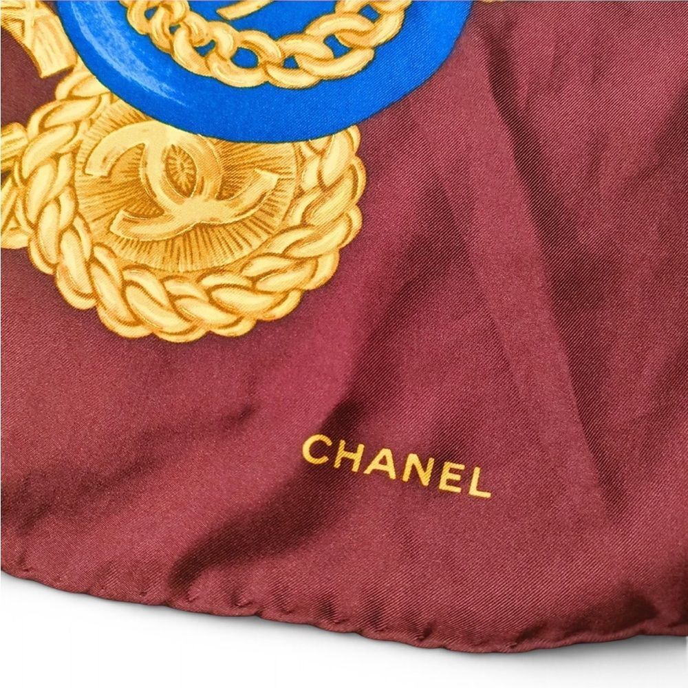 CHANEL Burgundy & Gold CC Logo Jewelry Motif Silk Scarf - Picture 7 of 8